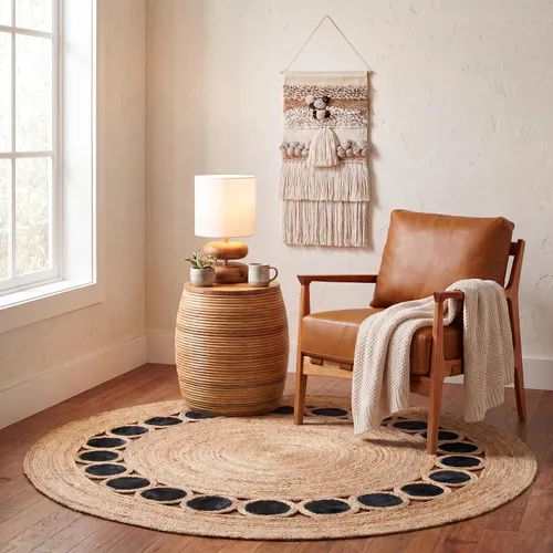 Vista 13 de SAFAVIEH Natural Fiber Round Collection NF370Z - Alfombra redonda de yute y cuero de 3 pies, hecha a mano, color beige y negro