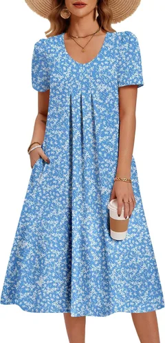 Vista 22 de Zeagoo Vestido de verano para mujer, casual, floral, midi, con bolsillos, cuello en V, plisado, manga corta, estilo alineado, para vacaciones