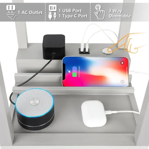 Vista 3 de FOLKSMATE Lámpara de pie LED con estantes, moderna lámpara de pie regulable con 2 puertos USB y 1 toma de corriente, lámparas altas de esquina