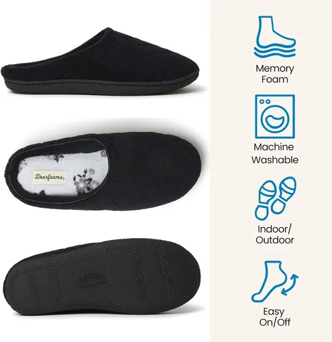 Vista 3 de Dearfoams - Pantuflas de espuma viscoelástica para mujer Leslie Terry con anchos amplios para interiores Tela de rizo negro.