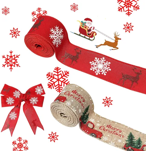 Vista 7 de Cinta de Navidad con cable de 2.5 pulgadas x 11 yardas, cinta de Navidad roja y de arpillera para coronas, lazos, manualidades, 2.5 pulgadas