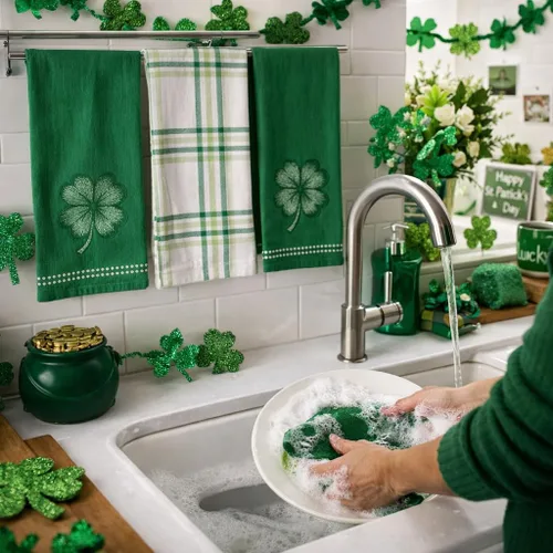 Vista 5 de Serafina Home Toallas de cocina de mano para invitados de baño irlandeses del día de San Patricio: suave y absorbente bordado, diseño de trébol