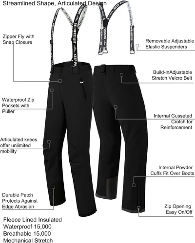 Vista 2 de fit space Pantalones de esquí para hombre, impermeables, 0.591 in, tirantes extraíbles, aislados, cálido, invierno, senderismo, snowboard, forro