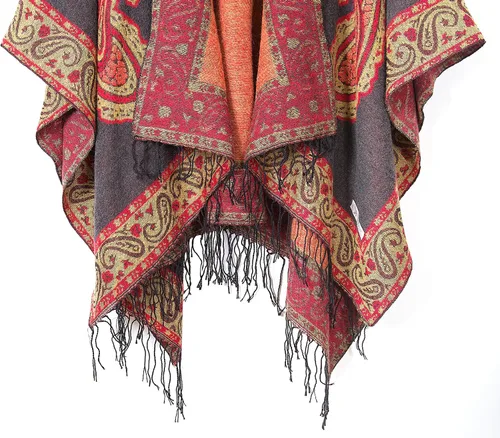 Vista 5 de Poncho con flecos, con estampado vintage, estilo retro, a la moda, para mujer. Capa, chal.