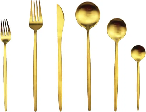 Vista 8 de Golden Stain - Cubiertos modernos de 6 piezas de acero inoxidable 304, tenedor de postre de acero inoxidable 304, tenedor de ensalada de 7.2