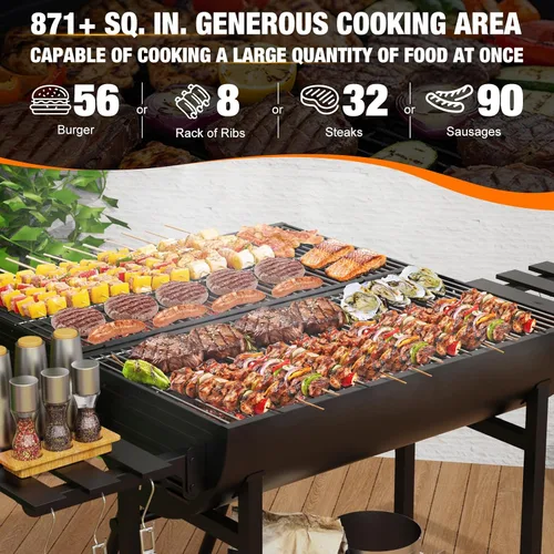 Vista 3 de Parrilla de barbacoa de carbón extragrande, 871 pulgadas cuadradas, espacio de cocción, parrilla de barbacoa de barril al aire libre con 2 mesas