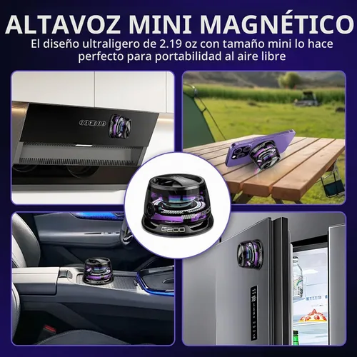 Vista 3 de Altavoz Bluetooth magnético G200 con luz RGB - Mini altavoz Bluetooth portátil, sonido estéreo de rango completo para 7 horas de reproducción, modo