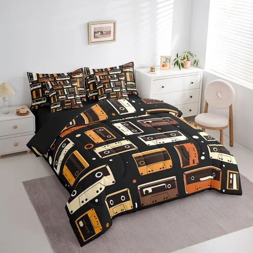 Vista 2 de Erosebridal Juego de ropa de cama de cassette vintage de los años 80 y 90, juego de edredón de 7 piezas para niños y adultos, retro, amarillo