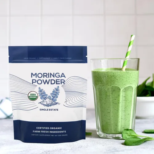 Vista 4 de Moringa orgánica en polvo, moringa colombiana recién molida, orgánica USDA, sin OMG, sin gluten, en una bolsa resellable para batidos, lattes