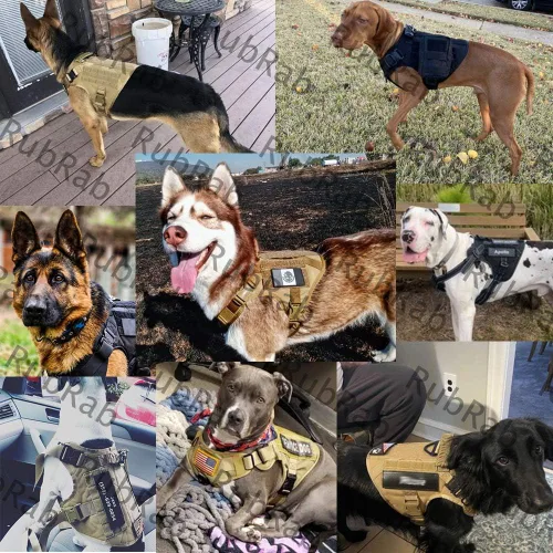 Vista 5 de Arnés táctico para perro con asa, chaleco Molle de entrenamiento militar con hebillas de metal y paneles de bucle, correa elástica para perro