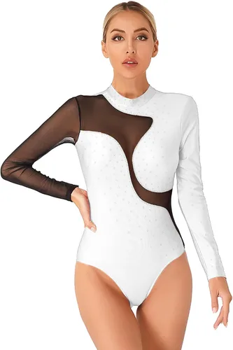Vista 56 de iiniim Leotardo de malla para mujer, con diamantes de imitación, de malla, de manga larga, leotardos de gimnasia