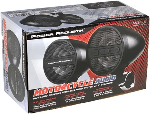 Vista 3 de Power Acoustik Radio FM del sistema de altavoces Bluetooth de la motocicleta negra y entrada USB