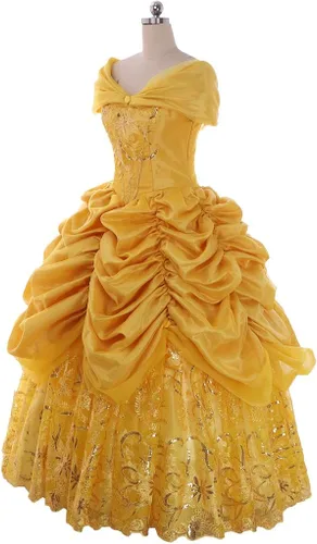 Vista 3 de Belle - Vestido de baile dorado para mujer, disfraz de princesa para adulto, Amarillo