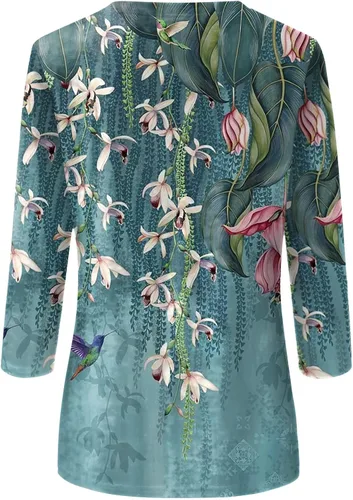 Vista 5 de Camisetas de verano para mujer, manga 34, diseño étnico, floral, ajustadas, cuello redondo, ajustadas, media manga, blusa de primavera
