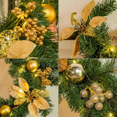 Vista 5 de YULETIME - Guirnalda de Navidad iluminada de 1,8 m, funciona con pilas con 20 luces de hadas artificiales, bolas doradas, bayas, flor de pascua