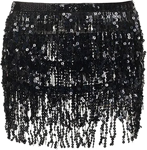 Vista 7 de Minifalda bohemia con borlas de lentejuelas para mujer, para festivales de música, fiesta, club, cadera, bufanda, cinturón, falda envolvente