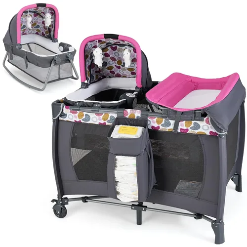 Vista 12 de HONEY JOY Empaca y juega con moisés, corralito portátil 5 en 1 con cambiador, moisés extraíble de tamaño completo y colchón, bolsa de almacenamiento