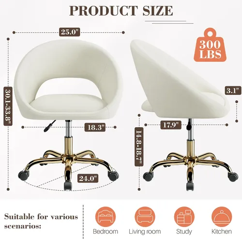 Vista 3 de Silla de Tocador con Ruedas, Cómodas Sillas de Escritorio para Oficina en Casa Ajustables Silla de Maquillaje de Terciopelo Moderna para Dormitorio