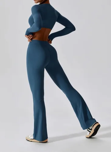 Vista 5 de ABOCIW Conjuntos de entrenamiento para mujer, 2 piezas, parte delantera torcida, manga larga, ombliguera de cintura alta, leggings acampanados