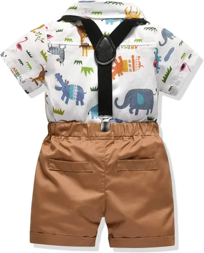 Vista 3 de Traje formal para bebés y niños, ropa de caballero, conjunto de traje de manga corta, camisa de mameluco, pantalones, pajarita, tirantes, 4 piezas