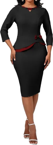 Vista 3 de Oxgmoky Vestido de iglesia para mujer, vestido de trabajo, negocios, entallado, manga 34, cuello redondo, vestidos de lápiz