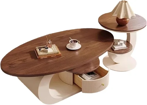 Vista 8 de Juego de mesa de centro ovalada moderna de 2 piezas, mesas de centro anidables con almacenamiento, mesa auxiliar con marco de metal, mesa de centro