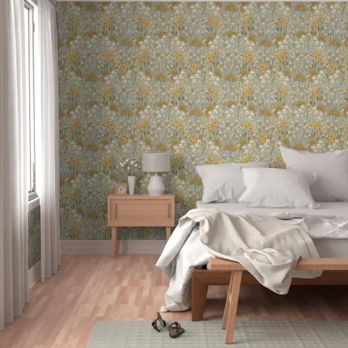 Vista 5 de Spoonflower Papel tapiz para despegar y pegar - Amapola Campo Pájaros Crema Neutral Naturaleza Taupe Papel pintado extraíble personalizado