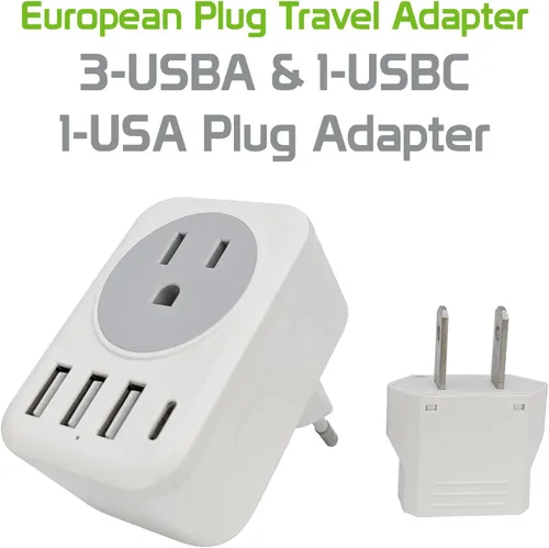Vista 2 de Adaptador de enchufe de viaje europeo USB C, adaptador de enchufe internacional Cellet con 1 salidas de CA y 4 puertos USB, cargador adaptador