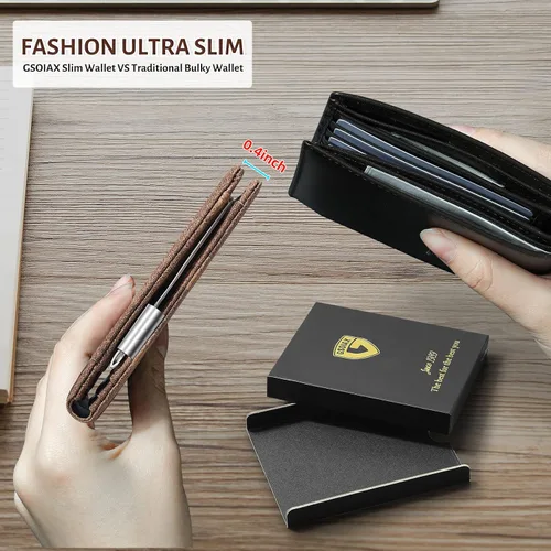 Vista 42 de GSOIAX Cartera delgada de cuero plegable RFID para hombre, billetera minimalista con bolsillo frontal con clip para dinero, 12 ranuras para Negro