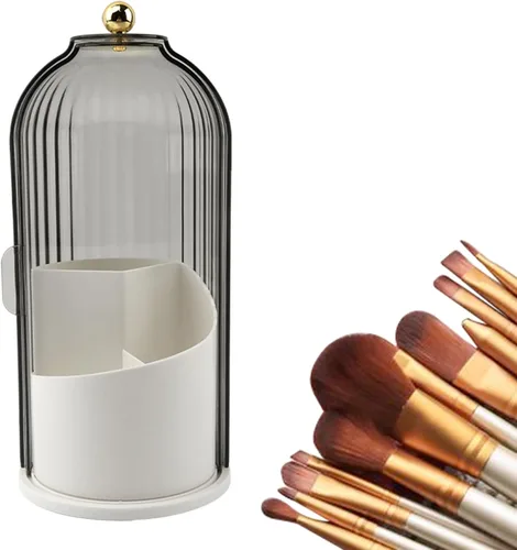 Vista 8 de Soporte para brochas de maquillaje con tapa, organizador de herramientas cosméticas de apertura deslizante giratoria de 360°, organizador de brochas