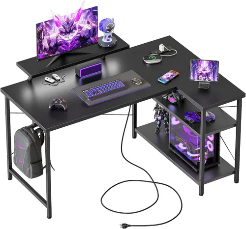 Vista 42 de Mericonia Escritorio pequeño en forma de L para computadora con tomas de corriente, escritorio de juegos para espacios pequeños, escritorio