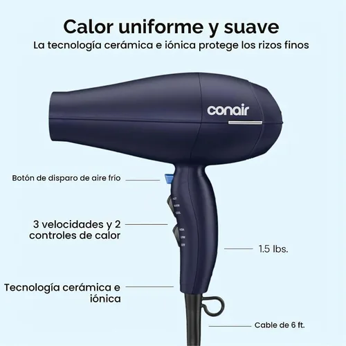 Vista 4 de Conair Secador de pelo con accesorio difusor de pelo multicámara, azul Azul oscuro