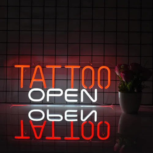 Vista 5 de TATTOO OPEN - Letrero de neón para decoración de pared con interruptor regulable, luz LED de neón para negocios Blanco y rojo