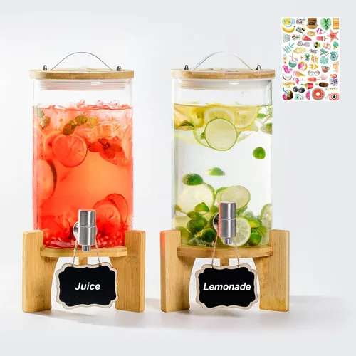 Vista 10 de Dispensador de bebidas de vidrio grande de 1.2 galones para fiestas, dispensador de bebidas con soporte de madera de bambú y grifo de acero