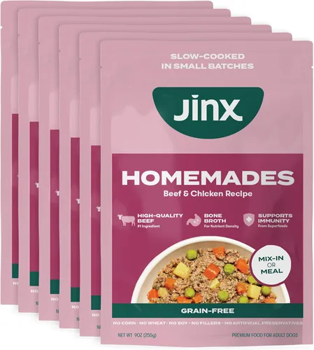 Vista 17 de Jinx Comida Húmeda para Perros Sin Granos de Res y Pollo, Comida o Mezcla en Complementos para Comida Seca, Hecha con Pollo Real, Caldo de Hueso