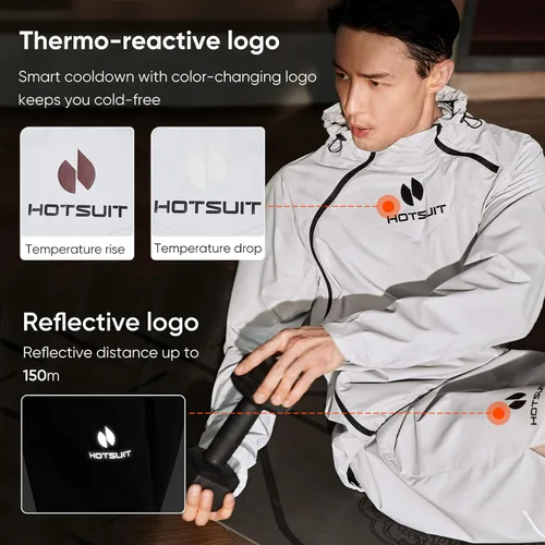 Vista 4 de HOTSUIT Chaqueta de sudor de traje de sauna para hombre de alta tecnología para fitness, logotipo sensible a la temperatura, lavable a máquina