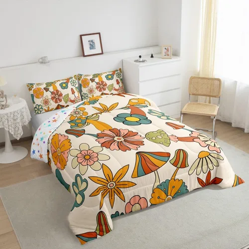 Vista 5 de Feelyou Juego de edredón retro de flores hippie para niñas y niños, tamaño individual, bonito edredón decorativo de hongos para habitación, 60S