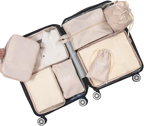 Vista 2 de Bycc Bynn Cubos de equipaje para maleta, bolsas de almacenamiento de equipaje, 8 unidades (beige)