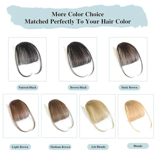Vista 4 de MOCA HAIR Flequillo con clip, 100 % cabello humano, con pinzas de cabello humano real, color marrón oscuro con sienes, extensiones de flequillo