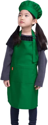 Vista 11 de Juego de delantal y gorro de chef para niños, delantal ajustable con babero para niños con 2 bolsillos. Lindo delantal de cocina para niños y niñas
