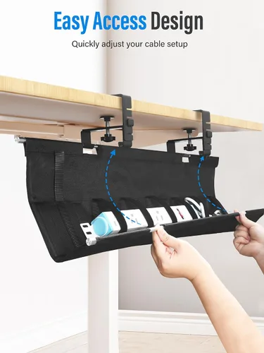 Vista 4 de Cinati - Bandeja grande de organización de cables para debajo del escritorio, organizador de cables para debajo del escritorio, sin taladros, Negro