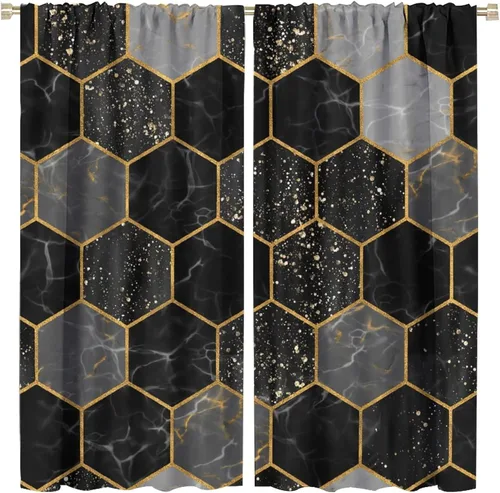 Vista 88 de Cortinas Negras con Dobladillo Dorado, Cortinas Opacas con Bolsillo para Barra con Estampado de Rayas de Foil en Onda Dorada para Decoración de Negro