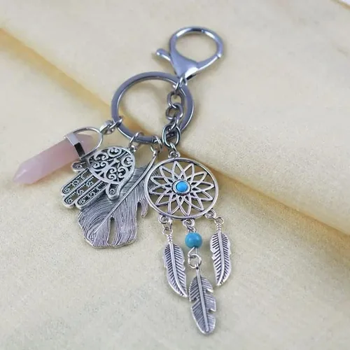 Vista 6 de MyfavoriteK Dreamcatcher Hamsa Llavero de buena suerte, adorno de piedras preciosas para llavero de coche