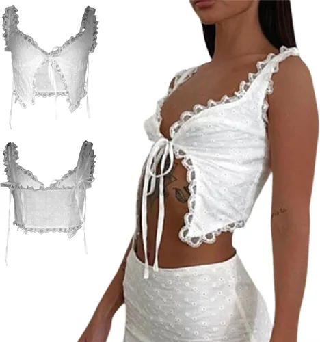 Vista 6 de Women Lace Trim Cami Tanks Sleeveless Tie Up Crop Shirt Tops Slim Fit Retro Open Front Cardigan Fairy Y2k Tank Top