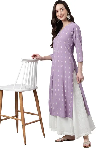 Vista 3 de Janasya Indian Lavender Crepe Foil Print Straight Kurta para mujer