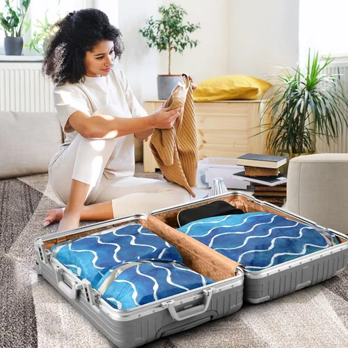 Vista 5 de Blue Wave Stripes - Juego de 3 cubos de embalaje de viaje para maletas, plegables, bolsa de ropa, almacenamiento de armario, ahorro de espacio