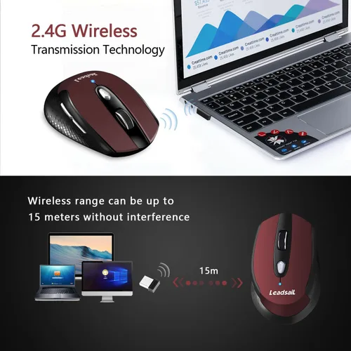 Vista 2 de LeadsaiL - Mouse inalámbrico para computadora, 2.4 G, portátil, delgado, inalámbrico, con menos ruido, para portátil. Mouse óptico con 6 botones