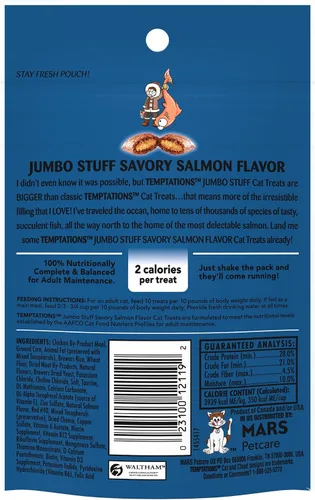 Vista 3 de TEMPTATIONS Jumbo Stuff Crunchy and Soft Cat Treats Savory Salmon Flavor, bolsa de 2.5 onzas (paquete de 12)