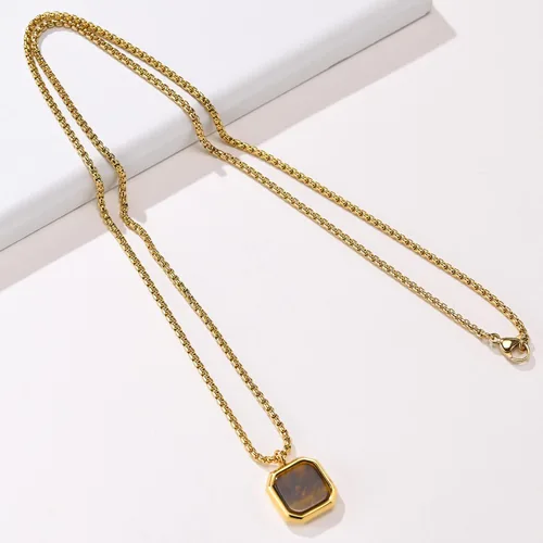 Vista 3 de MEALGUET Collar de acero inoxidable para hombre, piedra natural cuadrada, colgante de ágata de ojo de tigre, collar geométrico minimalista