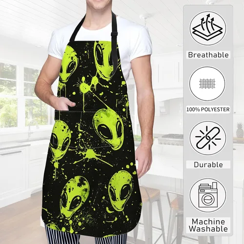 Vista 3 de Delantal verde de alienígena, delantal de cocina ajustable de tela Oxford con 2 bolsillos, delantales de cocina impermeables para hombres, mujeres